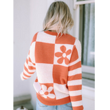 Orange & Ivory Flower Block Pattern Knit Sweater