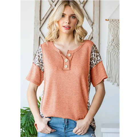 Rust Leopard Accent Waffle Knit Top