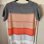 Grey and Coral Color Block Crocheted Short Sleeved Top