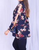 Blue Floral Print Open Sleeves Blouse Top