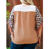 Coral Leopard Accent Ruffle Sleeve Plus Size Top