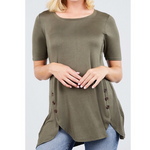 Olive Green Short Sleeve Button Accents Top