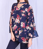 Blue Floral Print Open Sleeves Blouse Top