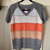 Grey and Coral Color Block Crocheted Short Sleeved Top