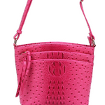 Fuchsia Ostrich Croc Multi Zip Pocket Crossbody Purse