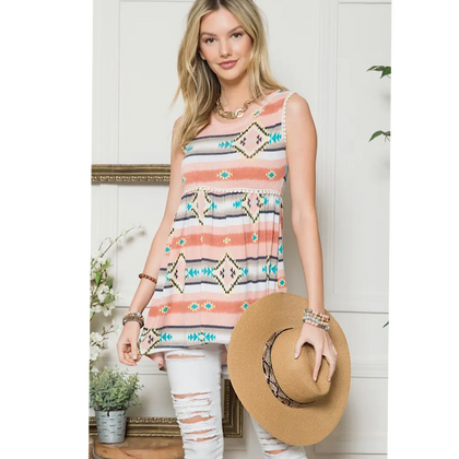 Aztec Empire Waist Plus Size Sleeveless Tank Top