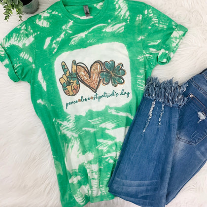 St Patrick's Day Hand Bleached Peace Love Short Sleeve Graphic T-Shirt Unisex Fit