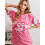 Pink Cow Color Block Print Accent Jersey Top