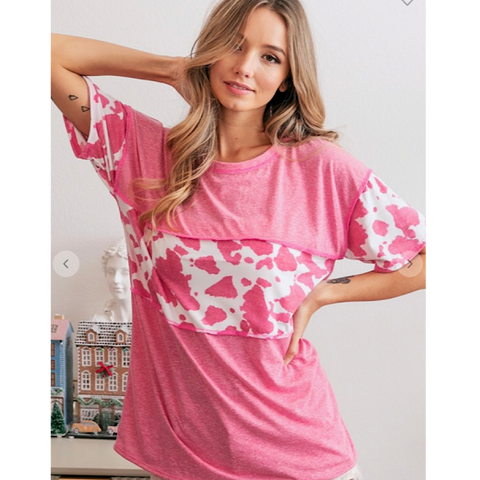 Pink Cow Color Block Print Accent Jersey Top