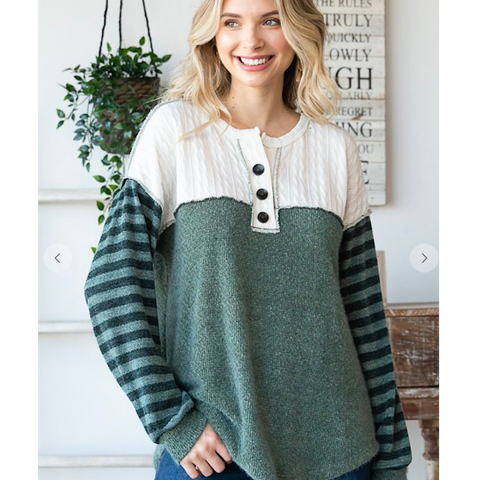 Olive & Cream w Striped Accent Sleeve Top