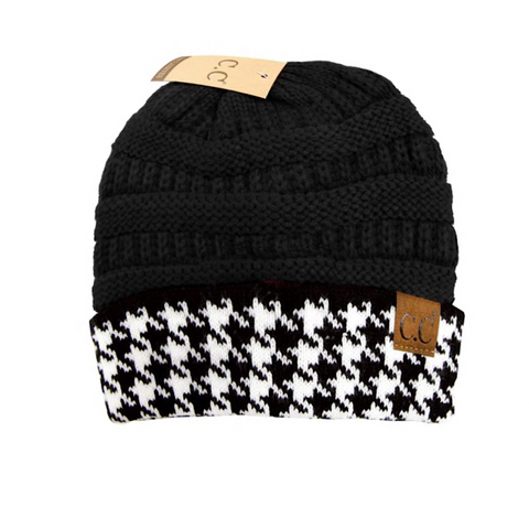 Black Houndstooth C.C Cable Knit Beanie Hat