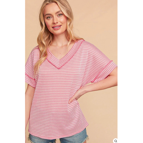 Pink Striped Waffle Knit Plus Size Top