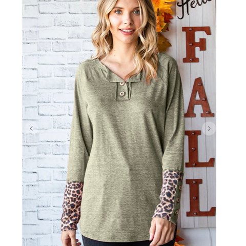 Vintage Olive with Leopard Sleeve Top
