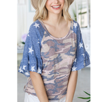 Camouflage Star Ruffled Sleeves Plus Size Top