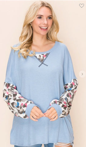 Blue Colorful Leopard Print Sleeve Plus Size Top