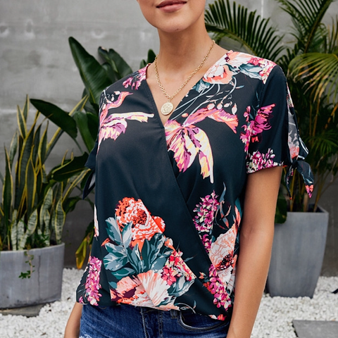 Navy Floral Wrap Style Blouse