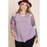 Lilac Colorblock Pattern Sleeve Plus Size Top