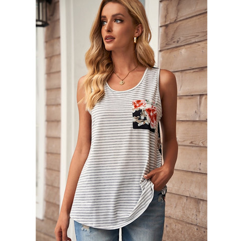 Striped Floral Accent Tank Top