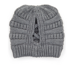 Gray Criss Cross Ponytail C.C Cable Knit Beanie Hat