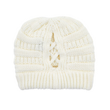 Ivory Criss Cross Ponytail C.C Cable Knit Beanie Hat