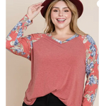 Salmon Floral Accent Sleeve Plus Size Top