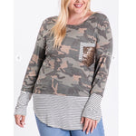 Camouflage Striped & Sequin Accents Plus Size Top