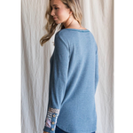 Blue Color Block Sleeve Waffle Knit Top