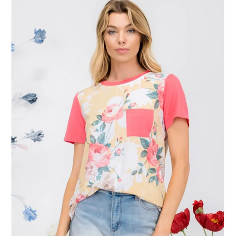 Yellow Floral w Pink Sleeve Plus Size Top