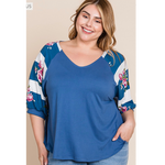 Blue & Floral Stripe Plus Size Top