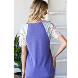 Purple Waffle Knit W Lace Sleeve Top