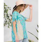 Turquoise & Mint Floral Ruffle Sleeve Plus Size Top
