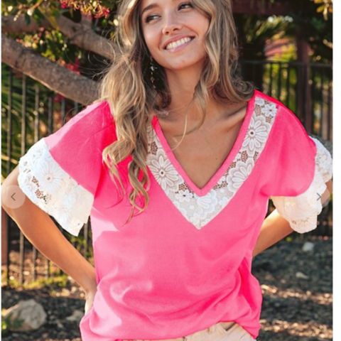 Pink V-Neck Lace Trim Ruffle Sleeve Top