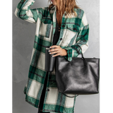 Green Plaid Button Front W Pockets Jacket