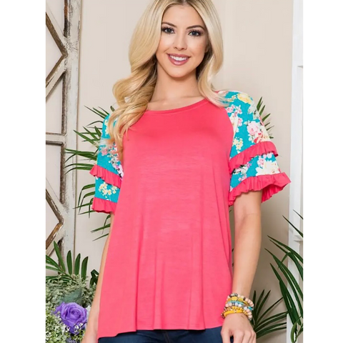 Bright Pink Floral Ruffle Sleeve Plus Size Top