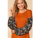 Rust Floral Pattern Sleeve Plus Size Top