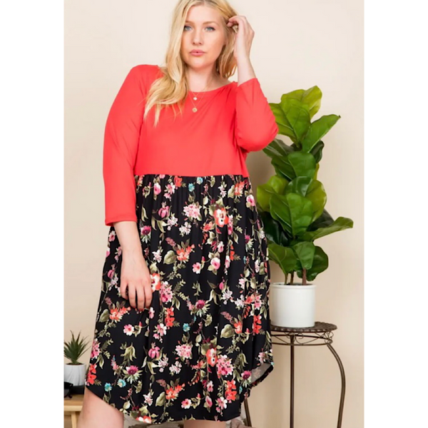 Coral & Floral Print Empire Waist Plus Size Dress 2XL Coral & Floral Print Empire Waist Plus Size Dress 2XL