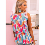 MultiColor Abstract Print Ruffled Sleeveless Blouse Top