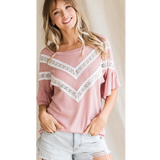 Pink Crochet Lace Accent Waffle Knit Pattern Top