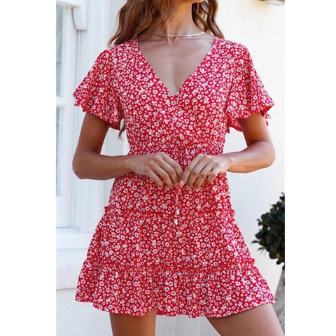 Red Floral Ruffles Dress