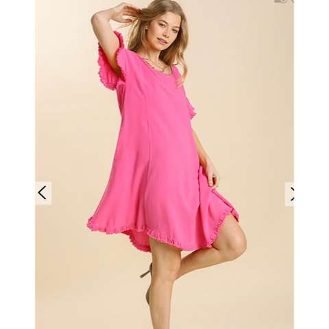 Pink Frayed Edge Short Sleeve Dress