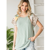 Sage Green Floral & Leopard Accents Top