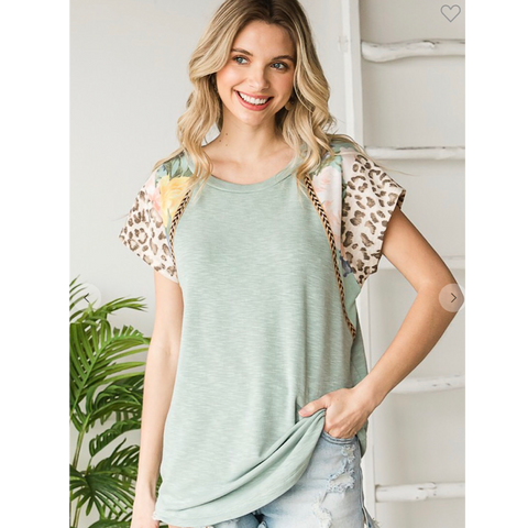Sage Green Floral & Leopard Accents Top