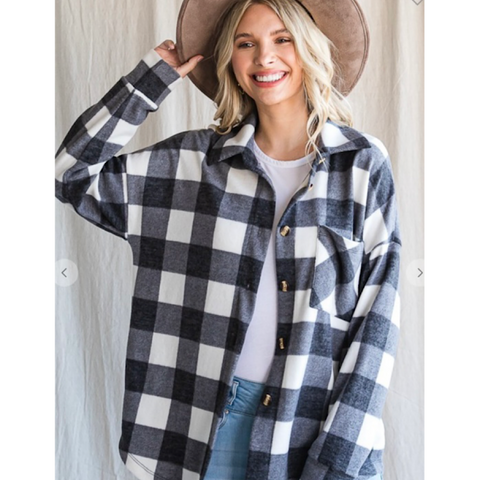 Black Checkered Knit Button Front Shacket