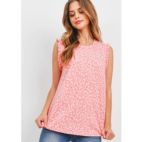 Pink and Coral Animal Print Ruffle Cap Sleeve Top