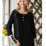 Black Leopard Accent Sleeve Knit Top