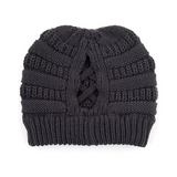 Dark Gray Criss Cross Ponytail C.C Cable Knit Beanie Hat