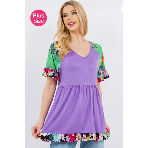 Purple W Floral Sleeve Plus Size Top