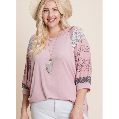 Pink Tiny Floral Accent Sleeve Top
