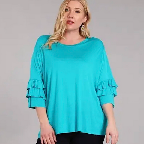 Turquoise Ruffle Sleeve Soft Knit Top