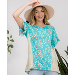 Turquoise & Mint Floral Ruffle Sleeve Plus Size Top